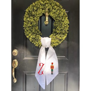 Embroidered Christmas Nutcracker Wreath Sash, White Monogrammed Wreath Sash 4.5&quot; x 56&quot;, Holiday Front Door Decor, Indoor/Outdoor Decor,