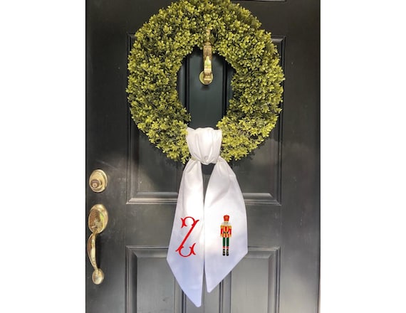 Embroidered Christmas Nutcracker Wreath Sash, White Monogrammed Wreath Sash 4.5" x 56", Holiday Front Door Decor, Indoor/Outdoor Decor,