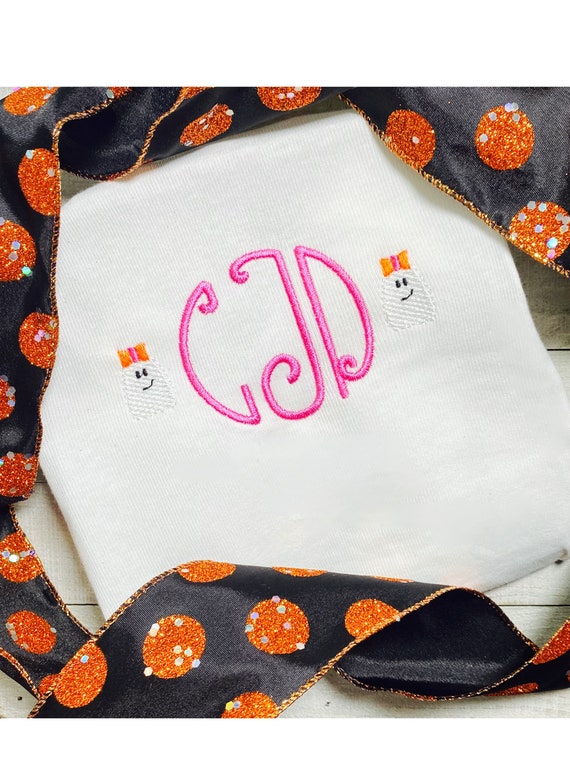 Cutest Embroidered Ghost with Bows Onesie, Layette, Shirt, Gown, Bloomers, You Pick Girls Monogrammed Halloween Outfit
