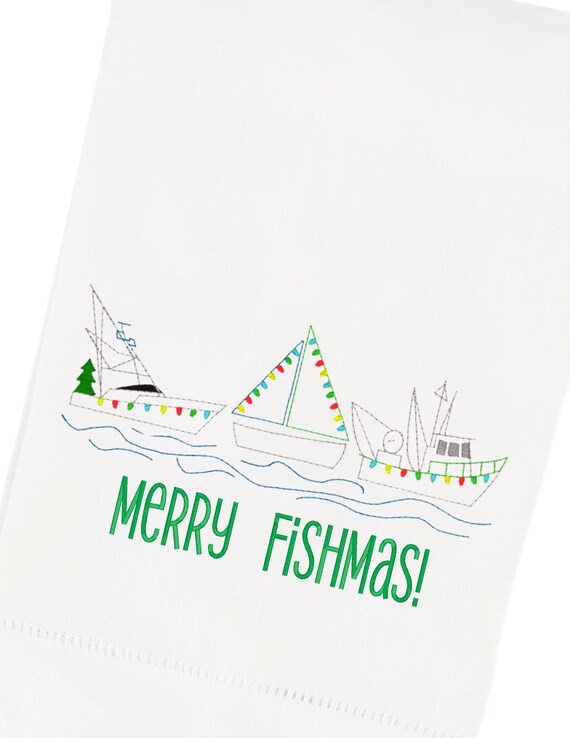 Embroidered Christmas Boat Guest Towel, Holiday Towel Decor, Merry Fishmas Hand Towel Gift, Merry Boatmas Finger Tip Towel, Hostess Gift