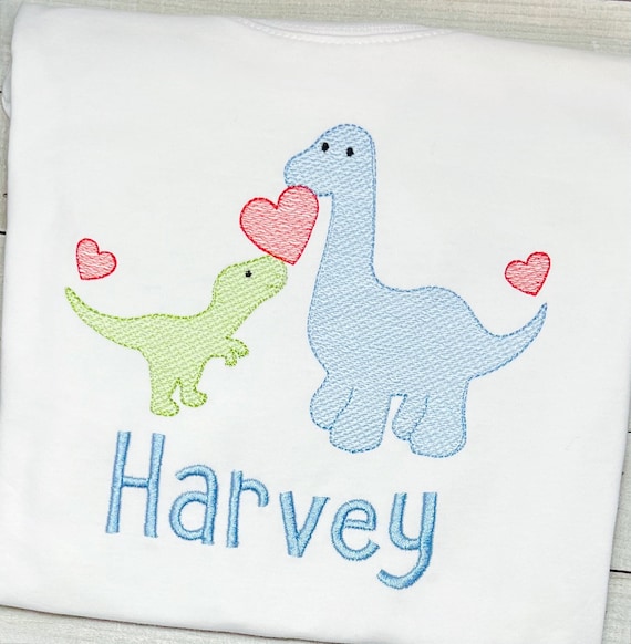 Unisex, Embroidered Name, Valentine’s Day Dinosaurs Toddler Shirt, Long Sleeve, Short Sleeve, Ruffle, Plain, Sizes 6 Months to 12 Y