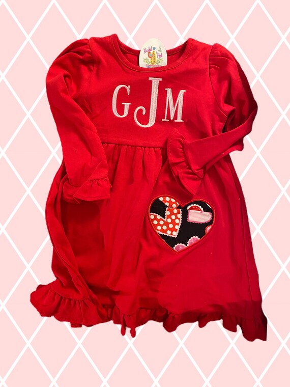 Embroidered, Personalized, Monogram, Sweet, Heart, Pocket Ruffle, Red Dress, Long Sleeve, Short Sleeve, Valentines Day, Gift