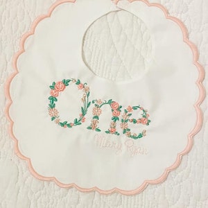 Happy Birthday, Flowered, One, First, Embroidered, Scalloped Bib with Name, Pink, Lavender, Blue, or Mint Green