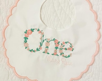 Happy Birthday, Flowered, One, First, Embroidered, Scalloped Bib with Name, Pink, Lavender, Blue, or Mint Green