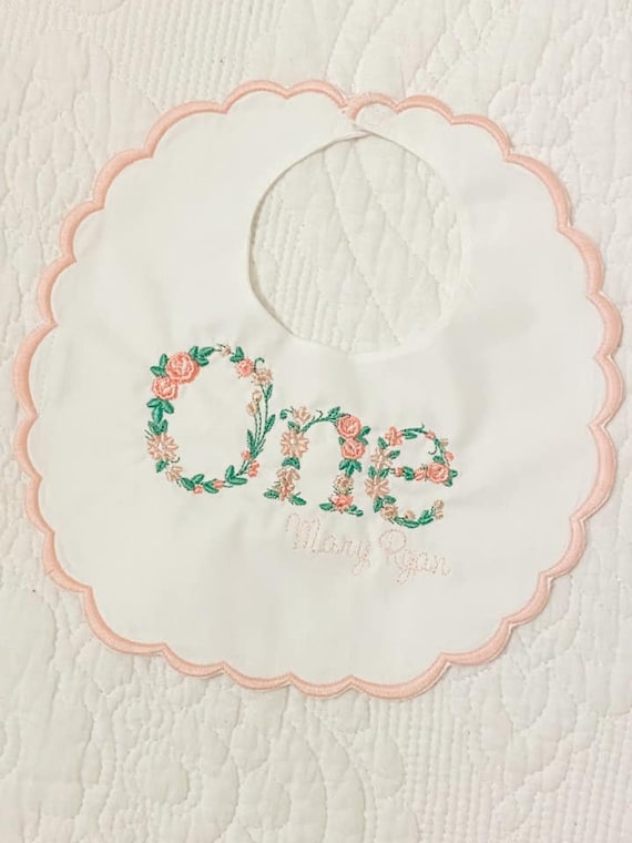 Happy Birthday, Flowered, One, First, Embroidered, Scalloped Bib with Name, Pink, Lavender, Blue, or Mint Green
