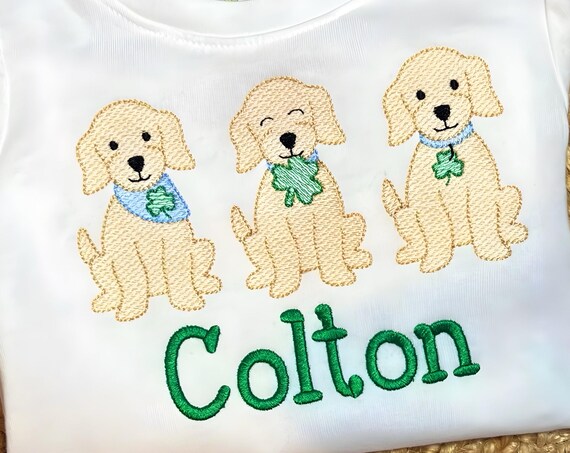 Unisex St. Patrick's Day Dog Trio Shirt, Embroidered Dog Clover Shirt, Toddler Shamrock Shirt, Kids Saint Patrick's Day T, Lucky Clovers Tee