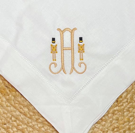 Embroidered Monogrammed Nutcracker Dinner Napkins, Holiday Napkins, Classic Hemstitch Linen Napkins, Set of Dinner Party Napkins, 20 x 20