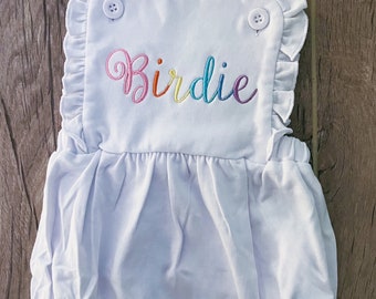 Embroidered Rainbow Name Sunsuit, Colorful Baby Girls Bubble, Personalized Birthday Kids Shirt, Happy Birthday Outfit, Rainbow Bloomers/Bib