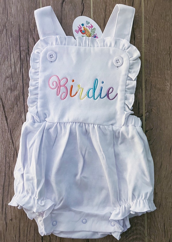 Embroidered Rainbow Name Sunsuit, Colorful Baby Girls Bubble, Personalized Birthday Kids Shirt, Happy Birthday Outfit, Rainbow Bloomers/Bib