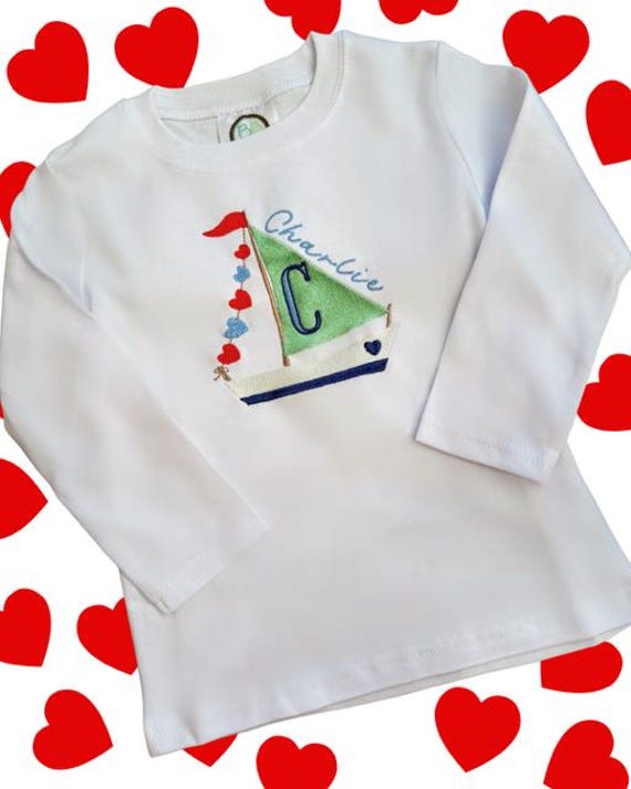 Valentine’s Day Sailboat Embroidered Shirt | Personalized Unisex Toddler & Kids Shirt | Custom Name Nautical Valentine Top