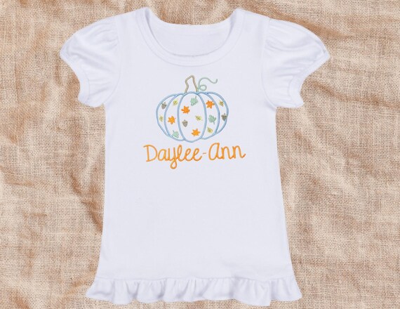 Embroidered Toddler Fall Pumpkin Shirt, Pumpkin Burp Cloth, Fall Diaper Cover, Thanksgiving Shirt, Girls Pumpkin Top, Kids Fall Leaves Shirt