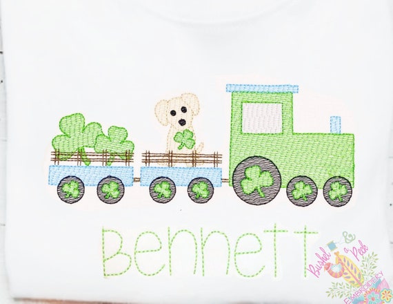 Unisex St Patrick's Day Train Shirt, Embroidered Dog and Clovers Top, Toddler Shamrock Shirt, Kids Saint Patrick's Day T, Lucky Charm Shirt