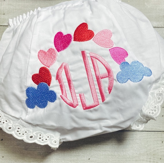 Embroidered, Personalized, Monogram, Valentines Day, Rainbow, Hearts, Cloud, Girl, Baby, Toddler, Diaper Cover, Bloomers, Size 1-6