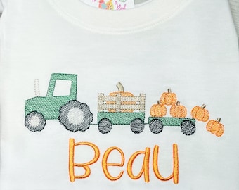 Tractor and Pumpkins Fall Shirt, Unisex Fall Tractor Embroidered Long Sleeve, Pumpkin Farm Short Sleeve, Ruffle, Plain, Fast Ship