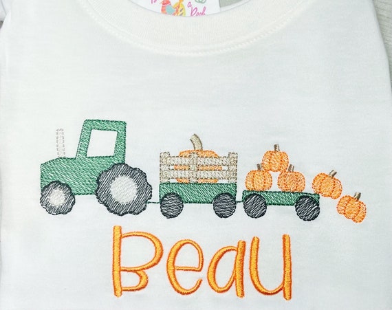 Tractor and Pumpkins Fall Shirt, Unisex Fall Tractor Embroidered Long Sleeve, Pumpkin Farm Short Sleeve, Ruffle, Plain, Fast Ship