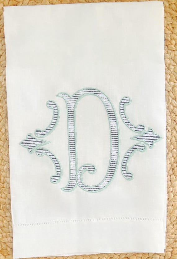 Monogrammed Striped Hemstitch Linen Guest Hand Towel, Embroidered Intial Linen Tea Towel, Housewarming Gift, Perfect Hostess Gift, Bathroom