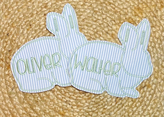 Embroidered Easter Bunny Tag, Rabbit Basket Tag, Spring Table Decor, Seersucker Bunny Tag for your Easter Baskets, Pick your fabric Bag Tag