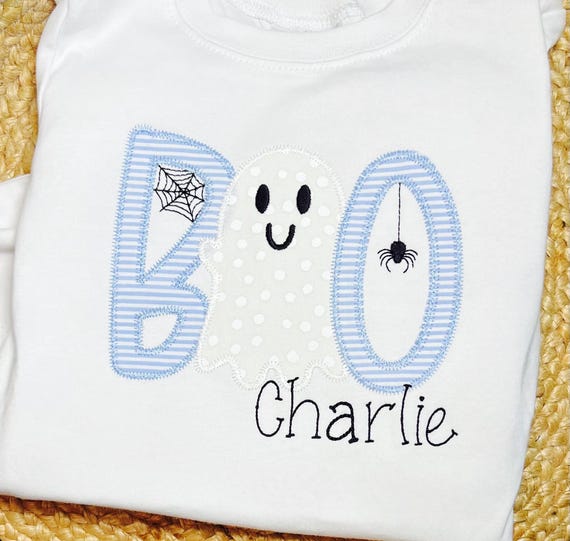 Appliqued Boo Ghost Shirt, Unisex Halloween Ghost Embroidered Long Sleeve, Kids Seersucker Boo Shirt, Toddler Ghost Shirt, Embroidered Boo T