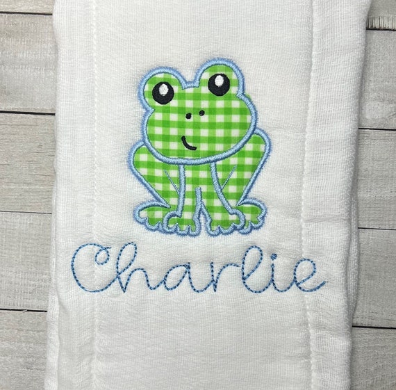 Unisex Frog Appliqued Burp Cloth, Embroidered Cute Frog Bib, Embroidered Bib and Burp Set, Baby Boy Shower Gift, Gender Neutral Baby Gift