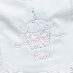 Embroidered Cupcake Bib, First Birthday Bib, Cupcake and Sprinkles Party, Personalized First Birthday Bib, Ruffle Embroidered 1st Bday Bib