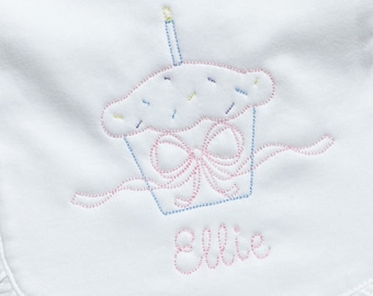 Embroidered Cupcake Bib, Personalized First Birthday Bib