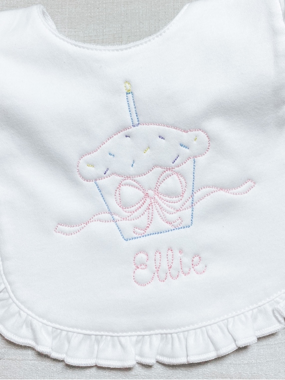 Embroidered Cupcake Bib, Personalized First Birthday Bib