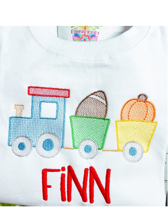 Boys Fall Football and Pumpkin Train Shirt, Unisex Fall Embroidered Long Sleeve, Short Sleeve, Ruffle, Plain, Fast Ship