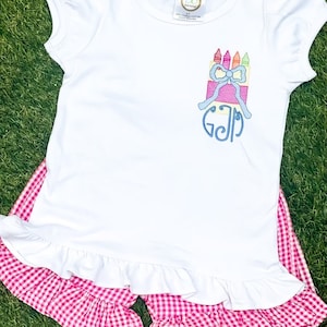 Embroidered Back to School Shirt, First Day of School Shirt, Girls Crayon and Bow Shirt, Toddler Girls Crayon Shirt for School, Monogrammed
