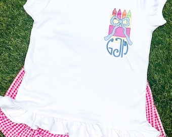 Embroidered Back to School Shirt, First Day of School Shirt, Girls Crayon and Bow Shirt, Toddler Girls Crayon Shirt for School, Monogrammed