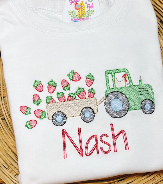 Kids Strawberry Tractor Shirt, Embroidered Tractor Long Sleeve, Strawberry Patch Short Sleeve, Sizes 6 Months to 12 Y, Unisex Farming Shirt