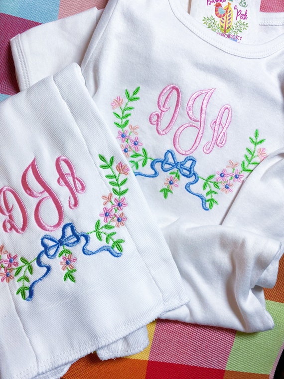 Embroidered, Monogram Flowers and Bows Going Home Gown, Layette, Bloomers, Diaper, Spring, Girl, Baby Shower Gift Outfit, Burp Cloth