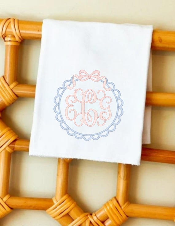 Embroidered Monogram Scallop and Bows Going Home Outfit, Newborn Baby Layette Gown, Bloomers, Bow Diaper Baby Shower Gift Set