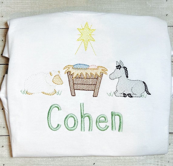Personalized Embroidered Christmas Nativity Scene Ornament/Layette/Shirt, Kids Nativity Shirt, O Holy Night Girls Gift, Newborn Christmas