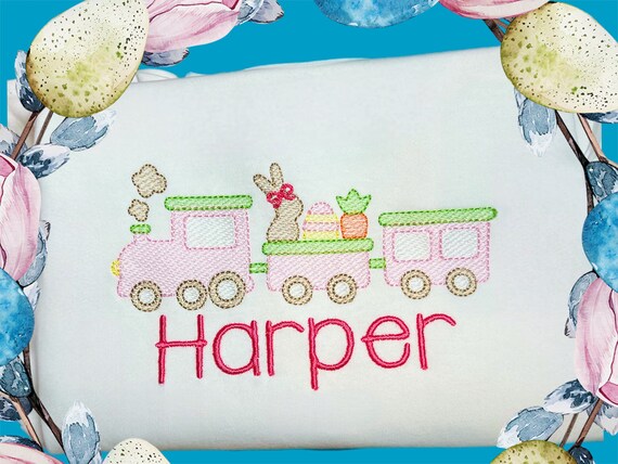 Embroidered Girl Bunny with Bow Easter Train, Egg and Rabbit Shirt, Long Sleeve, Short Sleeve, Sizes 6 Months to 12 Y, Girls Easter Shirt