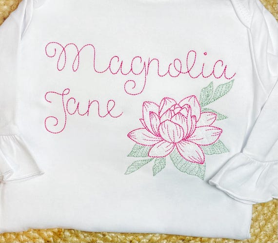 Embroidered Magnolia Flowers Going Home Gown, Layette Set, Spring Flower Diaper Set, Baby Girl, Baby Shower Gift Set, Floral Burp Cloth