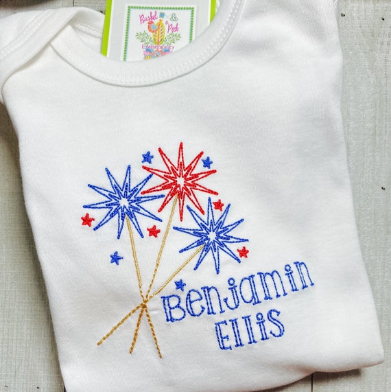 Fourth of July, Unisex, Raglan, Red, Blue, & Gold, Sparkler, Bow, Personalized, Embroidered, Sizes 0-10 Shirt, Layette, Bodysuit, Bubble