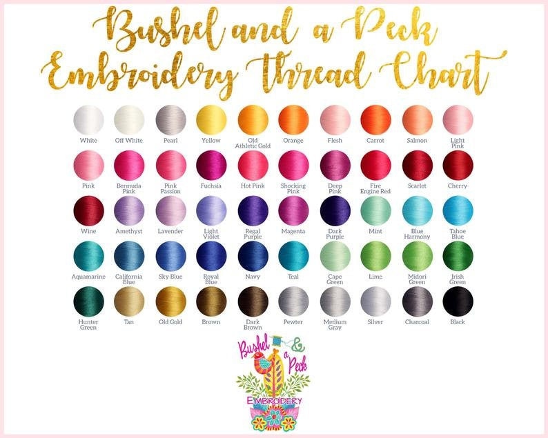 May include: A color chart for embroidery thread, showing a variety of colors in small spools. The chart is labeled "Bushel and a Peck Embroidery Thread Chart".