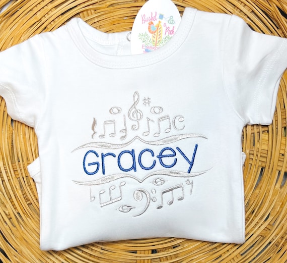 Personalized Embroidered Music Shirt, Musical Layette, Music Notes Bodysuit, Theatre Arts Shirt, Sizes Newborn to Size 10 Youth