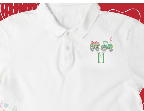 Tractor Valentines Day Polo, Country Hearts Boys Long Sleeve Polo, Hearts and Tractor, Kids Valentines Polo Shirt, Boys V-Day Polo, Tractor