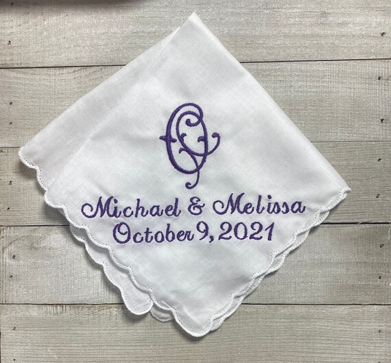 Personalized, Embroidered Initial Wedding, Vine, Monogram, Scallop or Plain Trim, Handkerchief, Mother, Father, Groom’s Gift