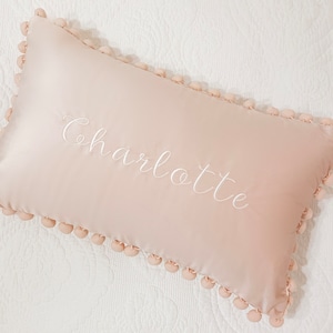 Embroidered Monogrammed Velvet Pom Pom Lumbar Pillow, Home Decor, Dorm, Nursery, Gift