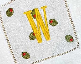 Embroidered Olive Cocktail Napkins, Martini Cocktail Napkins, Party Hostess Gift, Olive Party Decor, Food and Drinks Monogrammed Cocktail