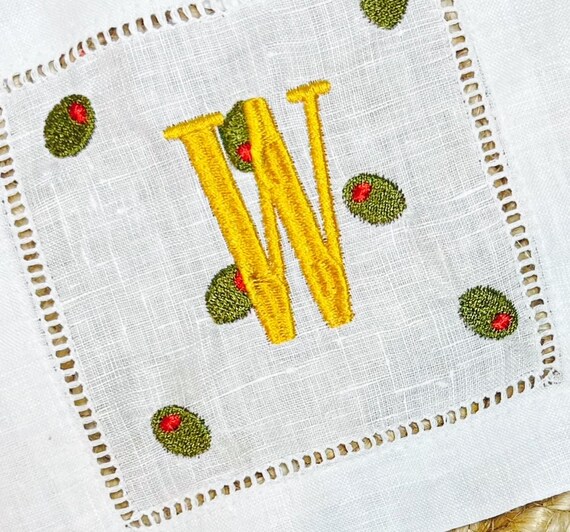 Embroidered Olive Cocktail Napkins, Martini Cocktail Napkins, Party Hostess Gift, Olive Party Decor, Food and Drinks Monogrammed Cocktail