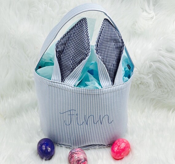 Embroidered Easter Basket, Seersucker Bunny Ears Basket, Easter Egg Hunt Toddler Tote