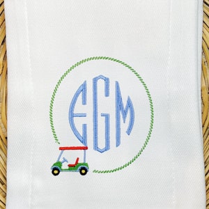 Unisex Golf Cart Monogram Burp Cloth Bib, Embroidered Golf Bib, Newborn Golfer Bib and Burp Set, Golf Baby Shower Gift