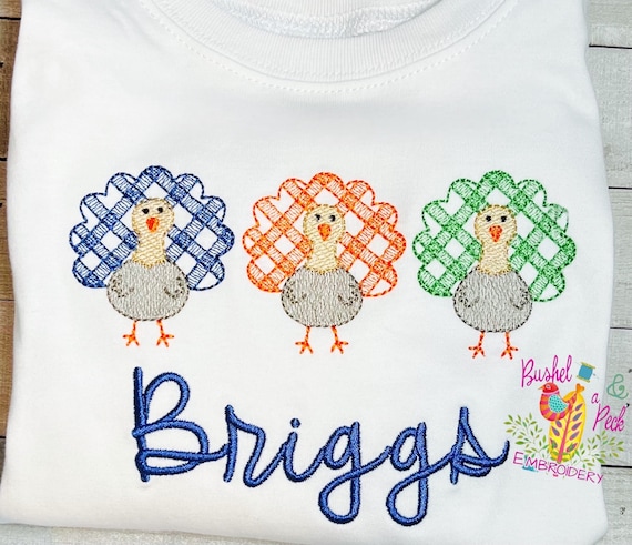 Embroidered Toddler Turkey Trio Shirt, Kids Thanksgiving shirt, Long Sleeve, Short Sleeve, Ruffle, Plain, Sizes 6 Months to 12 Y