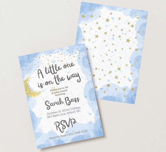 Blue Star and Moon Baby Shower Invites, Printable Moon and Stars Baby Invitations, Editable Baby Invitations, DIY Gender Neutral Invitations