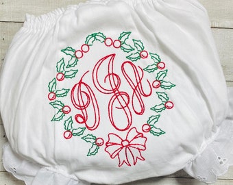 Personalized, Embroidered, Monogram, Christmas Wreath, Vintage Bloomers, Diaper Cover, Sizes 0-6, Baby, Toddler Gift