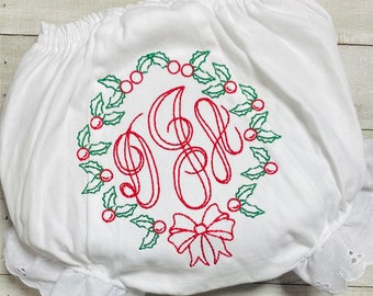 Embroidered Christmas Wreath Baby Bloomers, Vintage Christmas Bloomers, Christmas Diaper Cover, Sizes 0-6, Baby, Toddler Gift