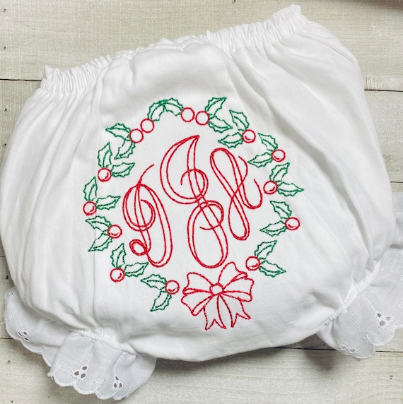 Embroidered Christmas Wreath Baby Bloomers, Vintage Christmas Bloomers, Christmas Diaper Cover, Sizes 0-6, Baby, Toddler Gift